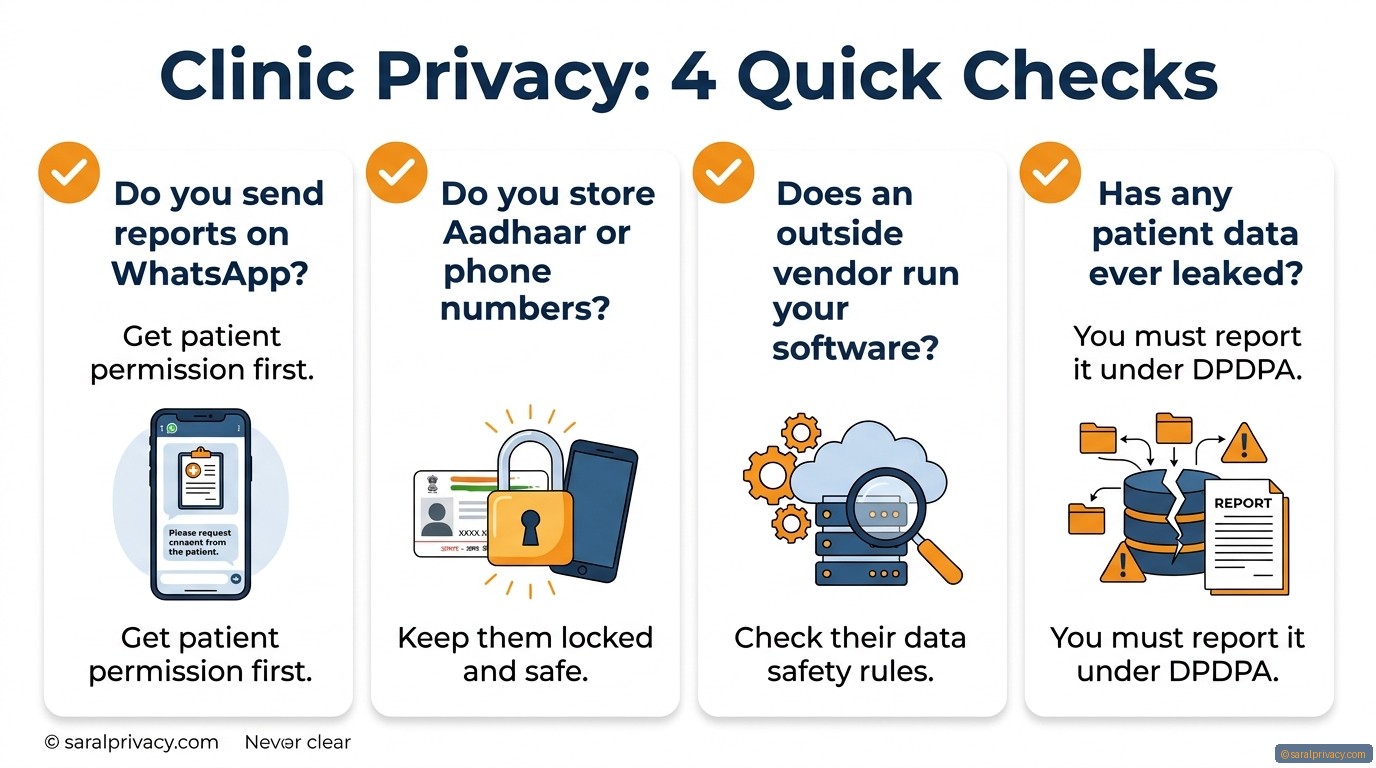Clinic Privacy: 4 Quick Checks — DPDPA infographic